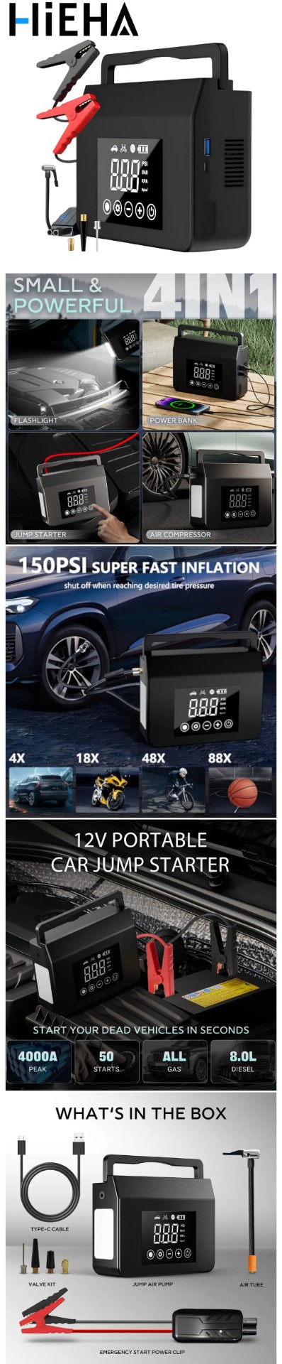 女性实测：Hieha 4000A 启动＋150PSI 打气